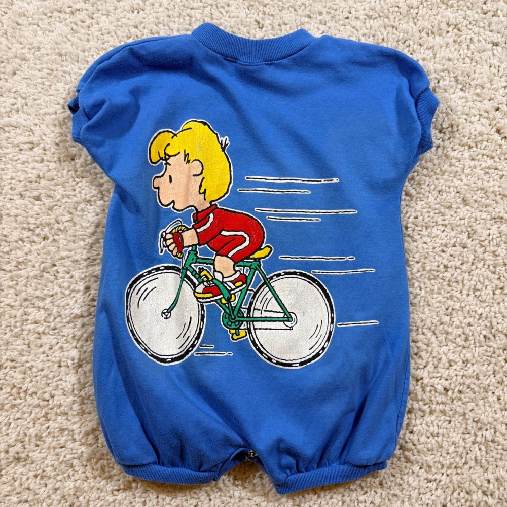 Vintage Peanuts Charlie Brown Snoopy Bicycle Romper 18 M Made in USA 90s Rare - Picture 2 of 13